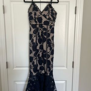 Lulus Navy Blue Floral Mesh Lace Trumpet Midi Dress